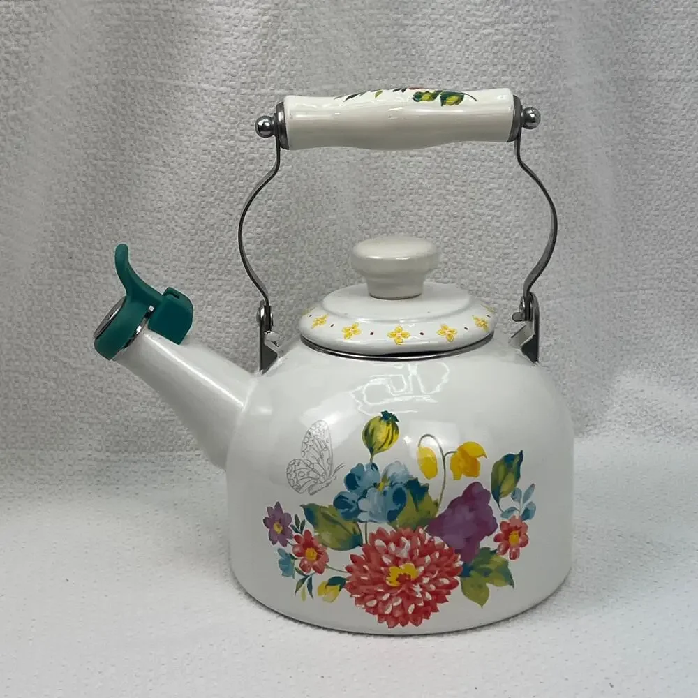 The Pioneer Woman Blooming Bouquet Whistling Tea Kettle White EUC With Handle
